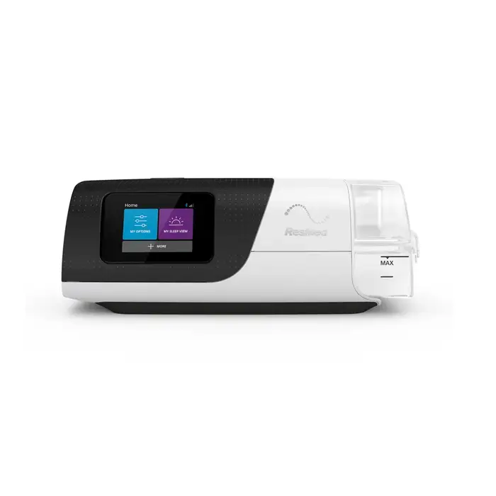 ResMed AirSense 11 AutoSet CPAP Machine with Heated Humidifier - front view with color touchscreen and HumidAir chamber